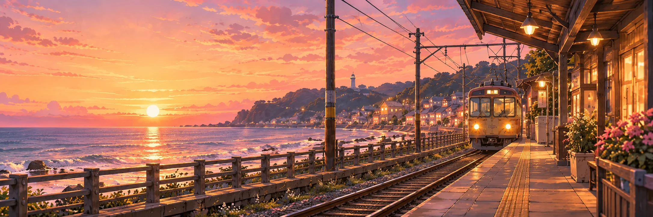 夕阳洒在海面上，一辆电车驶入安静的海边站台，街边亮起暖灯。